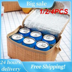 Storage Bags 1/2/4PCS Portable Wicker Rattan Outdoor Picnic Bag Waterproof Tableware Insulated Thermal Cooler Food Container Basket For