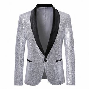 men siery Sequin Blazer shiny slim fit e Butt Suit jackets Prom Party night club coat Stage s pockets Lapel Tuxedo j9DR#