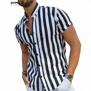 incerun Man Stylish Butt Blouse Summer Casual Tops Masculina Fi Striped Men Shirts Short Sleeve Stand Collar Shirt 5XL 7 x6aQ#