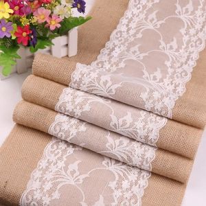 Vintage Retro Burlap Linen Jute Event Party Supplies Grass Wedding New Year Cloth Tablecloth Christmas White Lace Table Runner