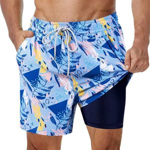 Roupa de banho masculina SURFCUZ calção de banho masculino com forro de compressão estiramento roupa de banho masculina 2 em 1 secagem rápida corrida academia calções de banho para homens 24327