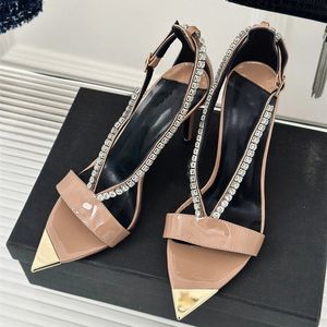 Casual Designer Fashion Women Sexy Lady Naken Patent Leather Crystal Strappy Pointy Toe Stiletto Stripper High Heels Sandal 240323