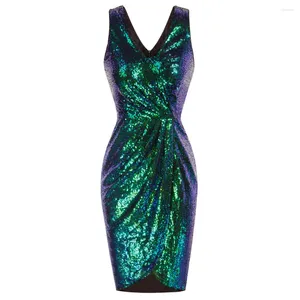 Sıradan Elbiseler Kadın Seatined Bodycon Dress Sleeless V-Neck V-Back Wrap Hem Party Party Sequin Sexy Club Kokteyl A3