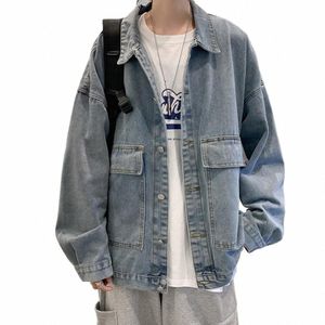 men Denim Jacket Stilvolle Herren-Jeansjacke mit Reversklappe für Frühling und Herbst, lässige einreihige Denim-Oberbekleidung für Männer U4PD #