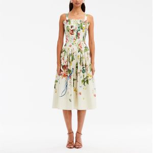 Vestido chique feminino de algodão floral e estampa de pássaros, cintura franzida, peito, plissado, artesanato, vestido midi