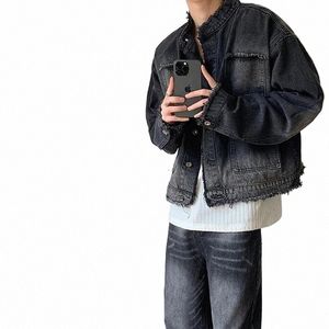 mens Hip-hop Denim Jacket Gradient Rough Edge Shoulder Pads Cowboy Coat Single Breasted Short Fi Casual Men Outwear New B5D9#