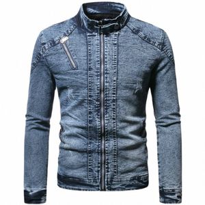 denim Jacket Men Moto Biker Jean Jacket Autumn Winter Fi Solid Plus Veet Stand Collar Mens Denim Jacket Casual Coat Men 41xS#