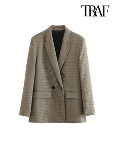 Traf kvinnor mode dubbelbröst pläd blazer kappa vintage långärmad klafffickor kvinnliga ytterkläder chic vestes femme 240318