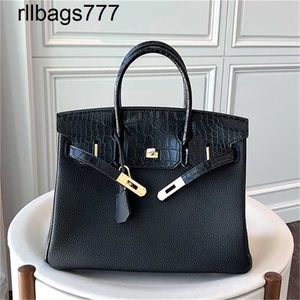 Läder BK Hög handväska äkta 2024 Luxury Level Top Layer Cowhide Litchi Mönster Splice Crocodile Mönster Högkapacitet Portabelt kvinnors mode