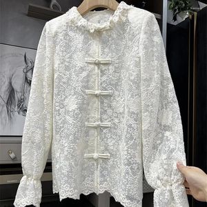 Women's Blouses Limiguyue Summer Hollow Out Lace Embroidery Blouse Women Chinese Style Long Sleeve See Through Shirts Female Tops E404