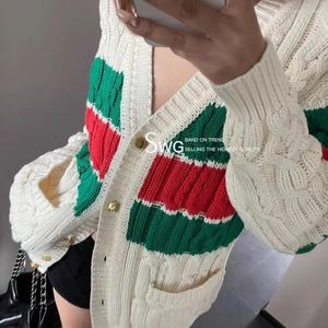 Women's Jackets Sweet Cute 2024 Autumn And Winter Red Green Stripes Wool V-neck Long Sleeve Loose Mid-Length Knitted Cardigan Coat