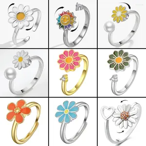 Cluster Rings Enamel Daisy Flower Anxiety For Girl Fidget Spinnerspinning Ring Women Fashion Accessories Bague Femme