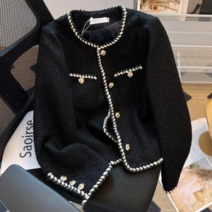 Kadın Sonbahar Klasik Küçük Koku Siyah Tweed Suit Ceket Bayanlar Ol Blazer Yün Kırpılmış Katlar Zarif Kısa Dış Giyim 240321