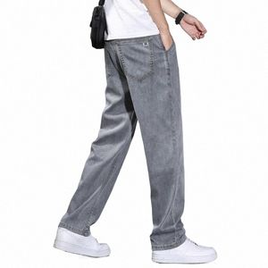 Lato cienkie męskie proste luźne szare dżinsy miękkie tkaniny licell tkanina kolorowe lakierowe spodnie zwykłe spodnie męskie spodnie marki o4pc#