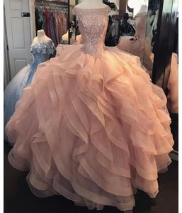 Peach Off Shoulder Ball Gown Quinceanera Dresses Crystal Beaded Tiered Ruffles Puffy Tulle Plus Size Sweet 16 Long Party Prom Even9475733