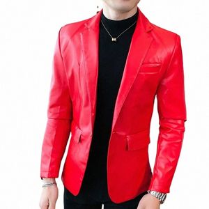 deri ceket erkekler ince fit sonbahar sokak kıyafeti Kore Sosyal gündelik Busin katı kırmızı blazer ceket fi faux pu ceket t6vl#