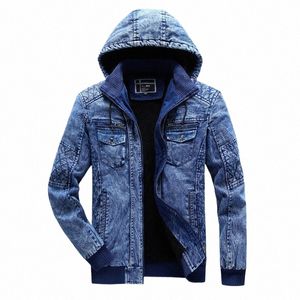 Aboorun Men's Winter Denim Jackets Blue Fleece Hooded Jeans Jacket Brand Casual Cott Cot for Male L1MS＃