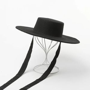 Фетровая шляпа с широкими полями, зимние канотье с плоским верхом для женщин и мужчин, шляпа со шнуровкой на ленте, модная шерстяная шляпа, женская домашняя шляпа 240319