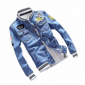 men Jean Jacket 2023 New Autumn Winter Casual Korean Men's Stand Collar Baseball Coat Handsome Oversized Bomber Denim Jacket a9jP#