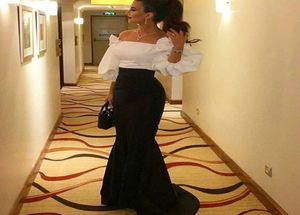 Black and White Evening Dresses Off the Shoulder Puffy 34Long Sleeves Floor Length Mermaid Prom Gowns5182271