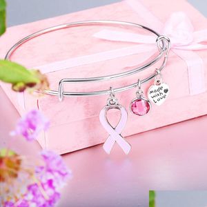 Charme pulseiras nova fita rosa consciência do câncer de mama para mulheres designer fio extensível bonito bangle enfermagem sobrevivente jóias presente dhyxz