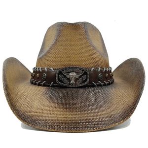 Förtjockad cowboy hatt vintage stråhatt herrar och kvinnor jazz stor storlek cowboy hatt strå hatt sol hatt sommarhatt 240327