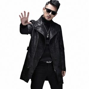 men's Mid-Length Motorcycle Genuine Leather Trench Coat, Black Sheepskin, Embossed Jacket, Spring and Autumn R1Ev#