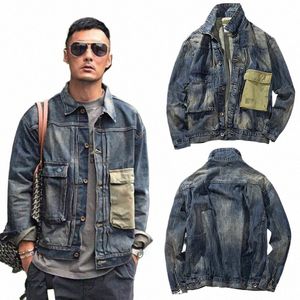 Amerikanische Retro Old Denim Jacke Männer Frühling Kurze Silm Tooling Casual Mi Jacke Patchwork Cargo Gerade Jeans Mäntel Blau S3Ey #