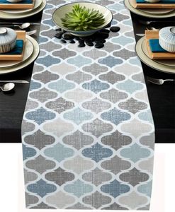 Table Cloth Blue Grey Geometric Quatrefoil Lattice Linen Runners Dresser Scarves Kitchen Dining Farmhouse Holiday Party Decor