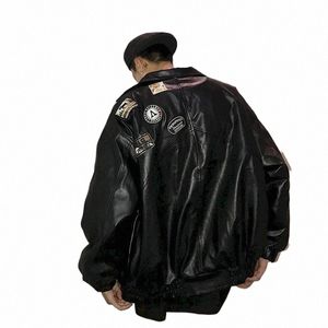 läderjacka manlig stilig bombgata motorcykelkläder vår hösten lös jacka koreansk baseball uniform casual jacka v7x6#