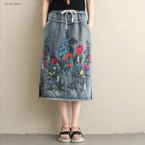 Kjolar stora storlek kvinnor froal broderi denim maxi kjol 2024 sommar elastisk midja streetwear vintage jean blyerts saia femme