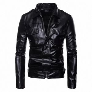 Mens Fi New Leather Jacket Slim Fit Stand Collar Pu Jacket Male Anti-Wind Motorcykel Lapel Jackets Men P1MD#