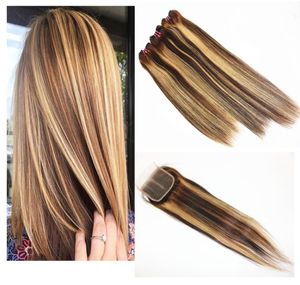 Pacotes de cabelo reto com fechamento de cabelo 4x4 cor misturada brasileira 100 extensões de cabelo remy humano virgem cor 1b27 828 polegadas8745104