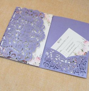 50Sets Purple romantyczne zaproszenia ślubne z kartami RSVP karty dekoracji przyjęcia Wedding Bridal Bridal Zaproszenie Laser Cuting Invi5289545
