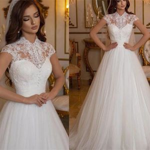 Marrocos vintage rendas vestidos de casamento alta pescoço boné mangas sem costas francês applique formal vestidos de noiva branco marfim casamento robe