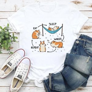 Kadın Tişörtleri Renkli Gine Domuz Yemek Uyku Whek Techin Tişört Tişört Sevimli Hayvan Lover Hediye Tshirt Komik Kadınlar Hipster Grafik Üstler Tees