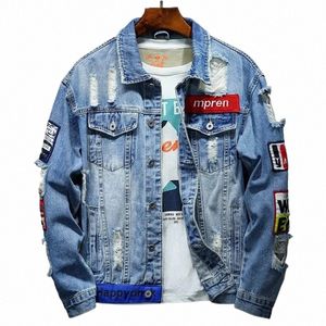 men Denim Jacket Brand Hip Hop Streetwear Punk Motorcycle Ripped Print Cowboy Outwear High Quality Casual Hole Male Denim Coats k2dI#