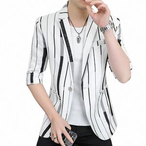 hoo-blazer de media manga para hombre, ropa de verano, a rayas juveniles, ajustado, guapo, 2023 N5hs#