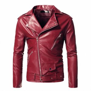 Rosso Catena Decorati Moto Bomber Giacca in pelle da uomo Autunno Turn-Down Collare Slim Fit Cappotti in pelle maschile S-5XL d189 #