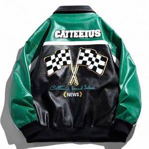 mens PU Leather Motorcycle Jacket Hip Hop Flocked Embroidery Windproof Bomber Jackets Fi Oversize Coat Couple Streetwear R1mV#
