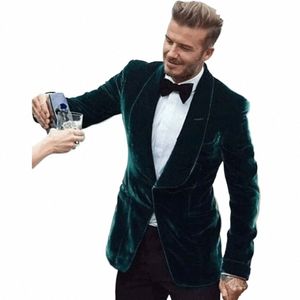 Высокое качество Мужские костюмы Блейзер Зеленый Veet Куртка Черные брюки 2 шт. Однобортный платок с лацканами Одна пуговица Одежда для выпускного вечера b29M #