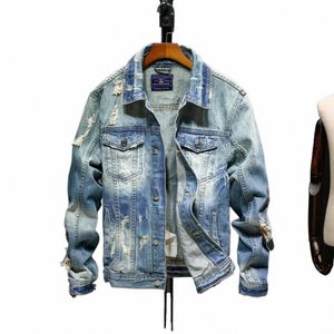 Jaqueta jeans rasgada retrô masculina nova Fi Wed Denim Top Outerwear A2Jd #