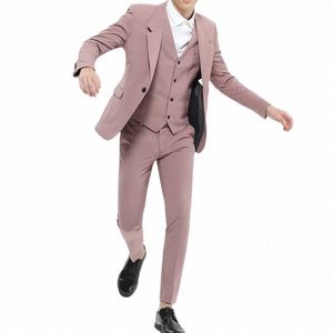Różowa klapa pojedyncza tyłek dla mężczyzn Wedding Busin Casual Tuxedo Slim 3 -Piece Fi Costume Homme Blazer z spodniami 66cx#