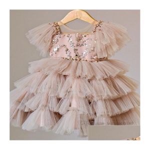 Girls Dresses Sequins Tiered Lace Tle Cake Ball Gown Kids Beaded Gauze Fal Fly Sleeve Princess Dress Children Birthday Party Clothes D Dh0Cd