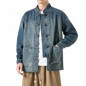 2023 Autumn Mens Chinese Style Tang Suit Wed Denim Top Stand Collar Jacket Denim Jacket Men Casual Cott Coat Jacket Men T1H0#