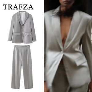 Trafza Spring Summer Office Lady Solid Suits Single Brested Satin Blazerszipper Long Pants Fashion Women Elegant Set 240327