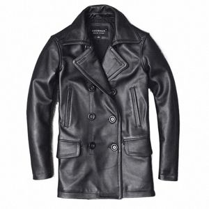 genuine Leather Jacket Men's Top Layer Cowhide Jacket Mid-Length Men's Lapel Windbreaker Slim-Fit Jacket Double-Breasted w7jY#