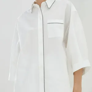 Women's Blouses Solid Color Lapel Single Pocket Decoration Three-quarter Sleeve Women Casual Loose Shirt