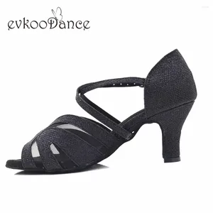 Dance Shoes Evkoodance Satin Latin Women Size US4-12 Heel Height 6cm Black Glitter With Mesh Professional Evkoo-614