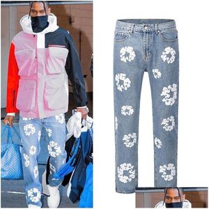 Mens Jeans 23SS Flower Fl tryckbyxor överdimensionerade streetwear raka casual män och kvinnor denim byxor droppleveranskläder kläder otzxi